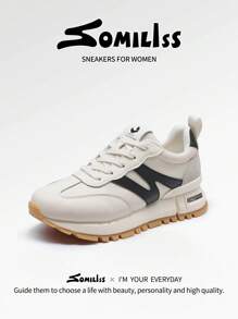 somiliss 2025 New Sports Style Anti-Slip Women's Casual Sneakers, Front Lace-Up, Synthetic Leather & Fabric, Breathable & Comfortable, Tennis/Running Shoes, Classic Retro Flat Low-Top Outdoor Walking Shoes, Black & White