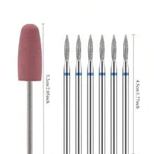 Set de 7 piezas de brocas de taladro de uñas con forma de llama con diamante y estuche - Herramientas de manicura profesionales, Limas de uñas eléctricas, Brocas de carburo de 3/32" para la limpieza precisa de cutículas y uso en el hogar y salón