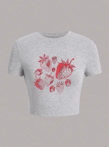 草莓印花图案女式圆领短袖修身短款 T 恤/T 恤 - 淺灰色 - 查看 3
