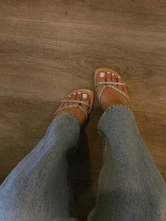 Women's Stylish Minimalist Comfortable Versatile Thong Sandals, Embellished Flat Slippers