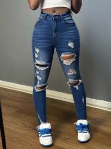Fashion Women's Ripped Slim Jeans, Stovepipe, Hip Lift, Perfect Fit, Suitable For Casual Wear, A Must-Have Item For Fashionistas. - 中藍色 - 查看 1