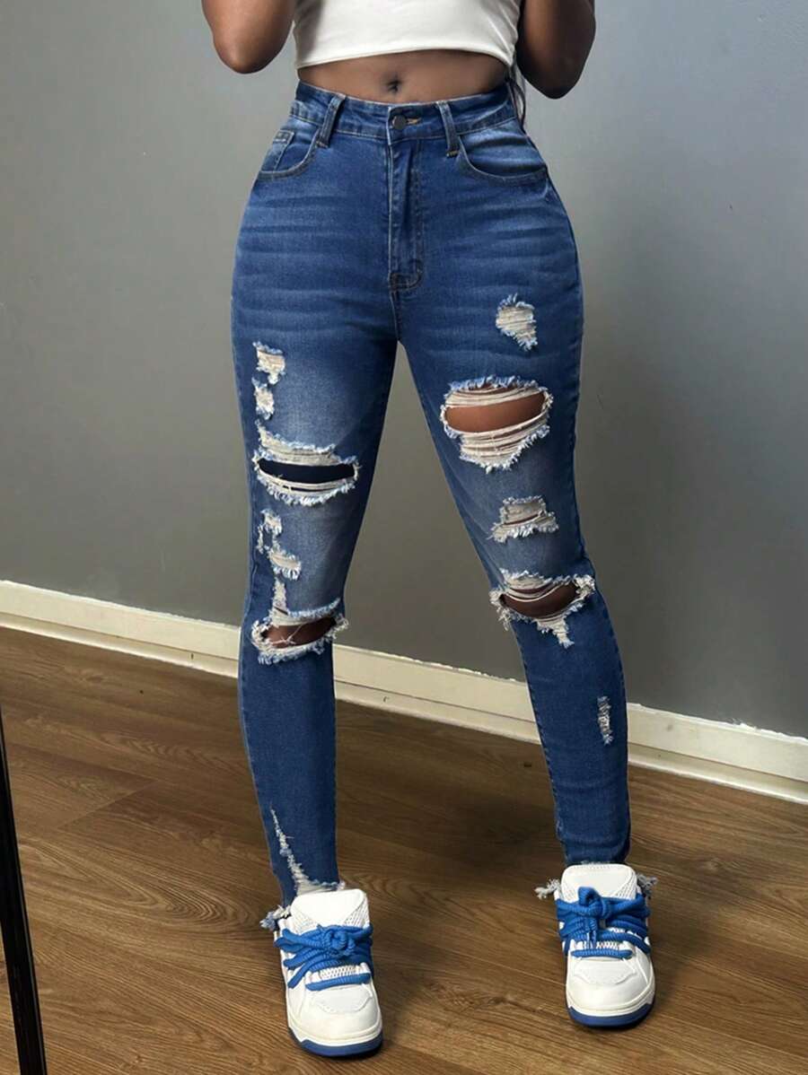 Fashion Women's Ripped Slim Jeans, Stovepipe, Hip Lift, Perfect Fit, Suitable For Casual Wear, A Must-Have Item For Fashionistas. - 中藍色 - 查看 1