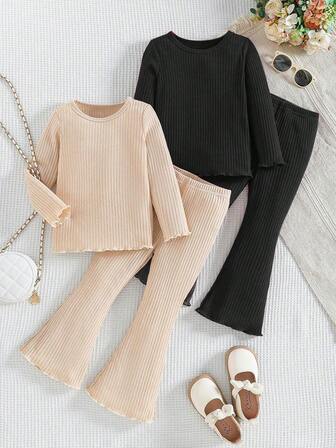4pcs Girls Set - Solid Color Versatile Round Neck Long Sleeve Top And Flare Pants Warm Outfit