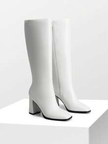 Women's Chunky Heel Go-Go Boots - Square Toe Knee High Side Zip Tall Boots For Casual, Retro, Party - trắng - Xem 6