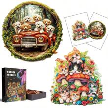 猫咪家族/卡车里的狗木制拼图，精美纸盒，异形拼图玩具，独特的儿童礼物，不对称动物形状木制拼图，装饰艺术绘画