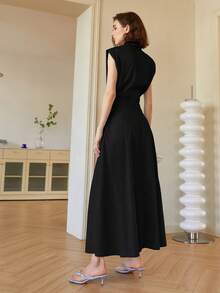 女士纯色无袖优雅中长连衣裙，翻领连衣裙，优雅复古风格，春夏连衣裙，女士夏季服装，毕业典礼，舞会，商务休闲