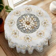 1 件优雅白色和金色花卉桌布，复古银灰色奢华风格，圆形和矩形耐磨涤纶面料，适用于家庭厨房、户外花园、节日派对、婚礼、餐厅和宴会装饰、婚礼季节装饰