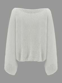 纯色镂空蝙蝠袖宽松休闲披肩领针织毛衣，百搭上衣，度假沙滩白色 - 白色 - 查看 3