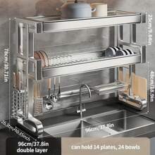 Organizador de cocina de acero inoxidable - Estante multifuncional para el fregadero, con bandeja para lavar, almacenamiento de cuchillos y condimentos, diseño de una o dos capas, adecuado para estante de encimera y gabinete de cocina