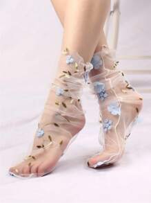 New Lace Mesh Mid-Calf Socks, Sweet Floral Net Fashionable Stack Socks For Women, Casual Summer
