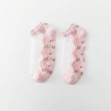 5 Pairs Women's Summer Crystal Mesh Socks, Lightweight Breathable Glass Crystal Socks With Embroidered Ditsy Floral Details, Machine Washable, Cute Invisible Boat Socks, Ladies Stockings And Socks