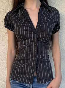 Chemise slim à manches courtes avec boutons devant et imprimé rayé, style collégial Y2K d'été pour femme diplômée