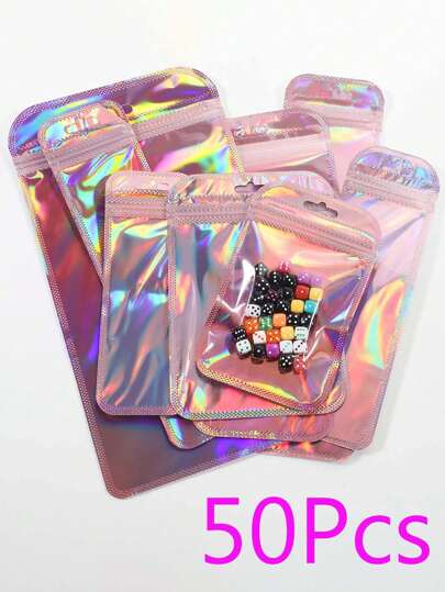 50Pcs Self-Sealing OPP Bags Laser Rainbow Zipper Bags Reusable Jewelry Retail Bags Gift Packaging Bags Ideal For Travel Jewelry Storageholiday,Bags For Woman,Jewelry Box,Jewelry Organiser,Jewellery Box Travel Essentials Travel Accessories Travel Must Haves