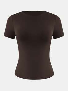 XLLAIS Small Round Neck Short Sleeve Solid Basic Skinny Women Casual T-Shirt Brown Tops - Dark Brown - View 5