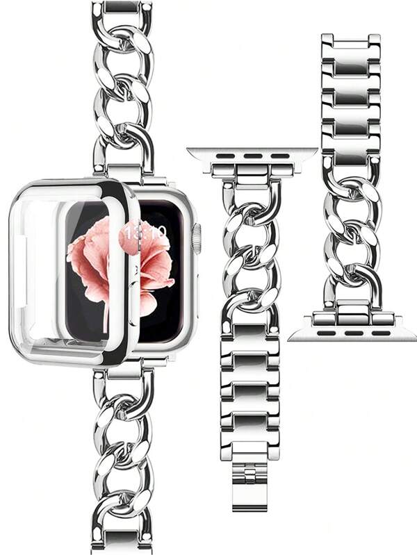 2pcs/Set Compatible With Apple Watch Case And Strap: Soft TPU Full Frame Shockproof Scratch-Resistant Dustproof Protector With Screen Film, Silver Color Adjustable Metal Chain Design For Series Ultra 3 2 1 SE S10 S9 S8 S7 S6 S5 S4 S3 S2 S1