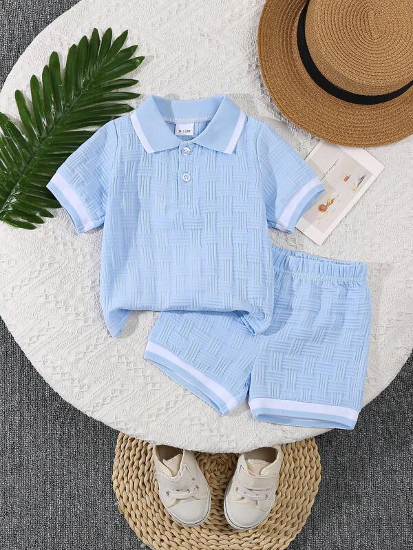Set de 2 piezas, camisa de cuello polo de tela jacquard y pantalones cortos casuales para bebé niño, nuevo para el verano