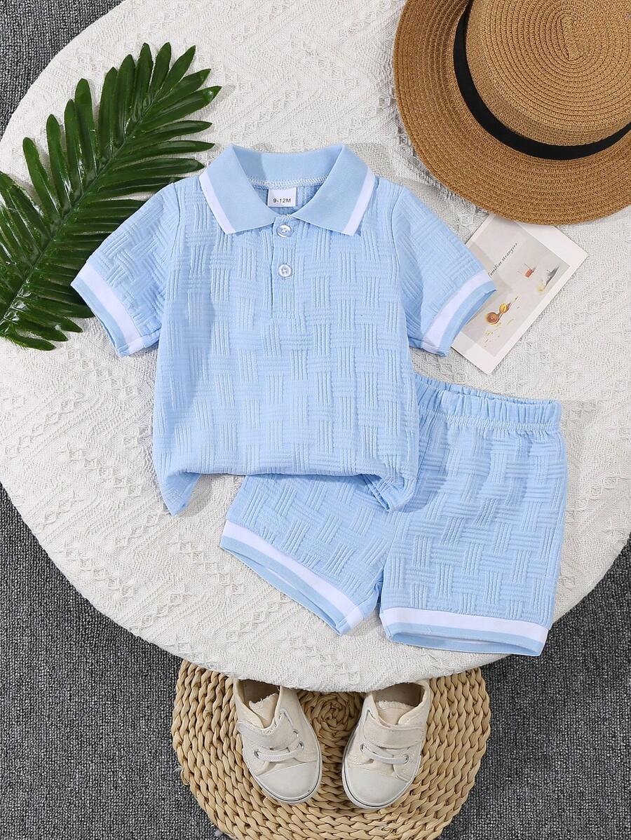 2pcs/Set Summer New Baby Boy Jacquard Fabric Polo Neck Shirt And Casual Shorts - Blue - View 1
