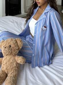 Sanrio 2pcs Hello Kitty Women Collared Button Down Long Sleeve Shirt And Elastic Waist Pants Sleepwear Lounge Set, Winter Clothes