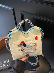 Fashionable Cartoon Dog Mini Crossbody Bag For Women, Versatile Handbag, Contrast-Color Embroidery Commuter Shoulder Bag, Phone Pouch