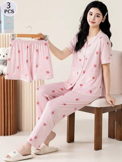 AICJ 3pcs/Set Women's Casual Solid Color Pajama Set With V-Neck Cardigan, Cartoon Strawberry Print Short Sleeve Top And Shorts, Suitable For Spring, Summer, Autumn