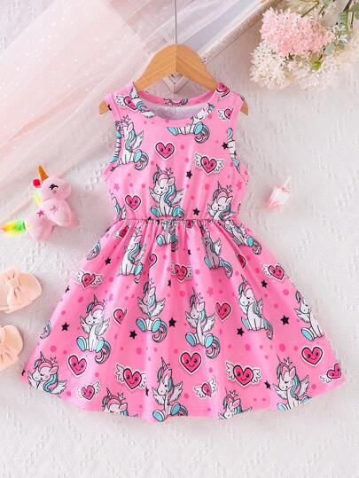 Girls' Elegant Polyester Knit Dress With Cartoon Digital Print, Comfortable Summer Casual Wear