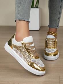 Novo Estilo Metálico Brilhante de Sapatos, Calçado Feminino Casual Atlético, Tênis Respiráveis de Laço, Mocassins Planos Versáteis e Confortáveis com Glitter Dourado no Cabedal