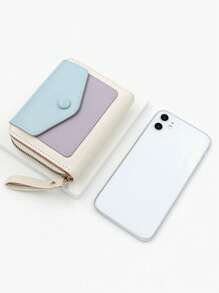 Candy Color Women's Short Wallet, Fresh Minimalist PU Colorblock Accordion Card Holder, Macaron Color Clutch Bag, Coin Purse Zipper Bag - Multicolor - View 4