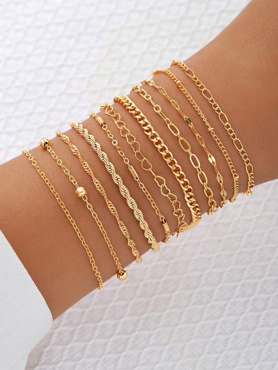 11 件/套创意百搭金色手链，简约心形吊坠手链套装，适合女士，适合派对、礼物、聚会、通勤、街头摄影、旅行、约会 - 金黃色 - 查看 1