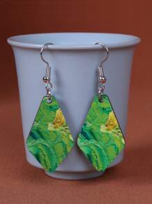1 Pair Vintage Style Double-Sided Painting Wooden Geometric Earrings, Suitable For Everyday Wear And Vacation
