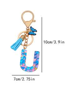 1pc Women's Initial Letter Black Butterfly Glitter Crystal Resin Epoxy Keychain With Butterfly Tassel Decor