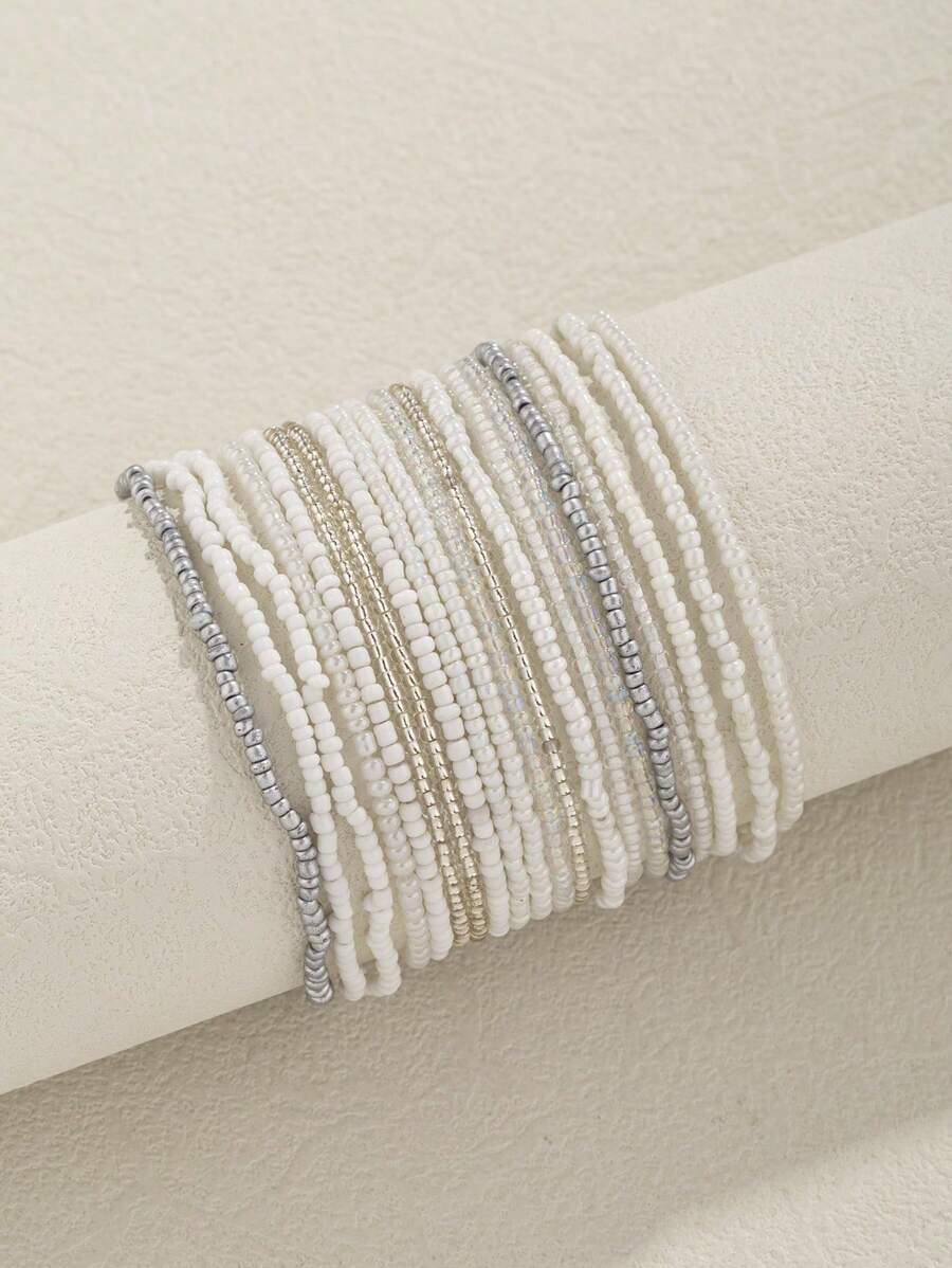 20pcs Women's Boho Style Glass Bead Layered White Bracelet - White - View 1