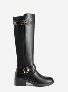 Women's Riding Knee High Boots Knit Round Toe Side Zipper  Low Block Heel Motorcycle Boots Fashionable Comfortable Outdoor Biker Buckle Boots