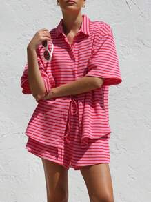 Womens Fashion 2 Piece Casual Tracksuit Outfit Sets Long Sleeve Shirt Loose High Waisted Shorts Set - Pink - View 3