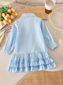 Vestido de camisa com gola plissada azul para meninas, vestido estilo escolar casual coreano para primavera - Azul - Ver 2