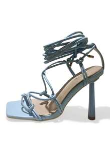 Damen Sandalen mit Binde-Design, verstellbarer quadratischer Zehenpartie und hohem Absatz, stilvolle Sommersandalen für Frauen - Blau - Übersicht 3