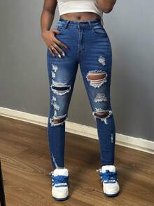 Fashion Women's Ripped Slim Jeans, Stovepipe, Hip Lift, Perfect Fit, Suitable For Casual Wear, A Must-Have Item For Fashionistas. - 中藍色 - 查看 5
