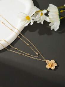 1pc 2025 New Arrival Fashion Unique Double-Layer Flower Pendant Necklace, Golden