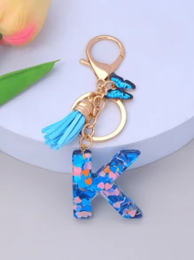 1pc Women's Initial Letter Black Butterfly Glitter Crystal Resin Epoxy Keychain With Butterfly Tassel Decor