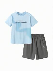 Balabala Tween Boys' Quick-Dry Two Pieces Sport Set, Breathable & Lightweight - Ice Blue - View 2