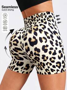 时尚豹纹瑜伽无缝蜜桃臀性感运动短裤紧身弹力短裤