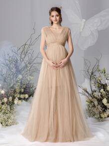 Faeriesty Dressalisa Maternity Sleeveless Off-Shoulder Maxi Dress With Dramatic Tulle Skirt – Lightweight Chiffon Fabric For Spring/Summer Baby Showers & Maternity Photoshoots (Flattering A-Line Silhouette, Romantic Ethereal Elegance)