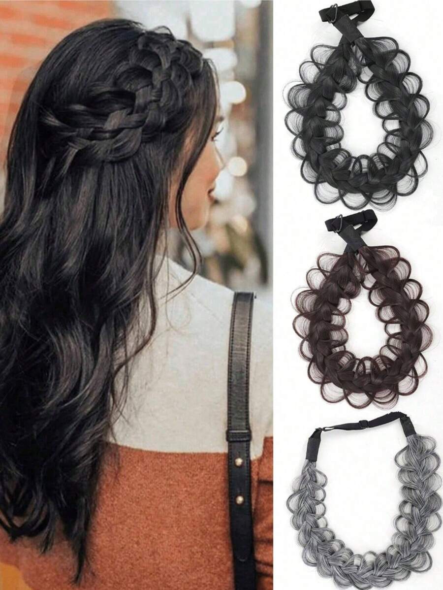 Diadema de pelo trenzada hecha a mano de cabello sintético para mujeres y niñas, diadema elástica trenzada con cinturón ajustable, accesorio de pelo trenzado