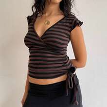 Women's Polka Dot  Striped Tie-Back Blouse - Boho Summer Fashion - 棕色 - 查看 1