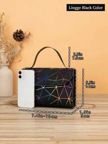 Fashionable Geometric Triangle Rhinestone Rhombus Shape Laser Holographic Small Square Bag With Flap Crossbody Chain Shoulder Bag, Large Capacity Evening Tote Bag, PU Leather Horizontal Elegant Women Handbag