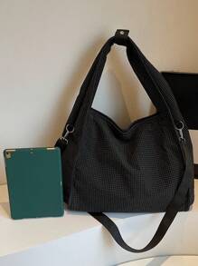 华夫格子图案大容量休闲风格女士单肩包，休闲学院风单肩斜挎包 - 黑色 - 查看 5