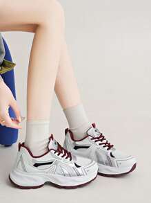 Women's White Casual Sneakers, Thick Sole Chunky Sneakers, Mesh Breathable, Printed Lace-Up, Petite Height Increase, Suitable For Daily Casual Wear, Travel, Shopping, Fashion Versatile - Red - View 5