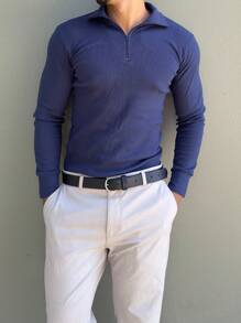 Cacharrel Zip Polo Neck Long Sleeve ITALIAN Classic - Navy Blue - View 4