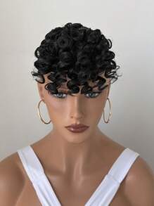 Kinky Curly Bangs Hair Topper For Afro Small Curl Clip In Fringe Hair Piece, Heat Resistant Synthetic Curly Top Hairpiece For Hair Loss & Thinning Hair Daily Wear, Halloween - Black - View 4