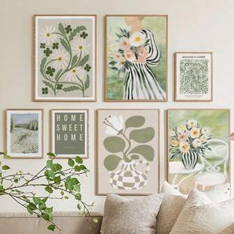 1 件复古绿色女孩树叶花朵抽象风景墙艺术帆布画海报和印刷品墙壁画适用于客厅装饰无框架