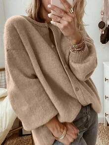 Women's Casual Solid Color Drop Shoulder Long Sleeve Single-Breasted Knitted Cardigan, Autumn/Winter - Camel - View 3